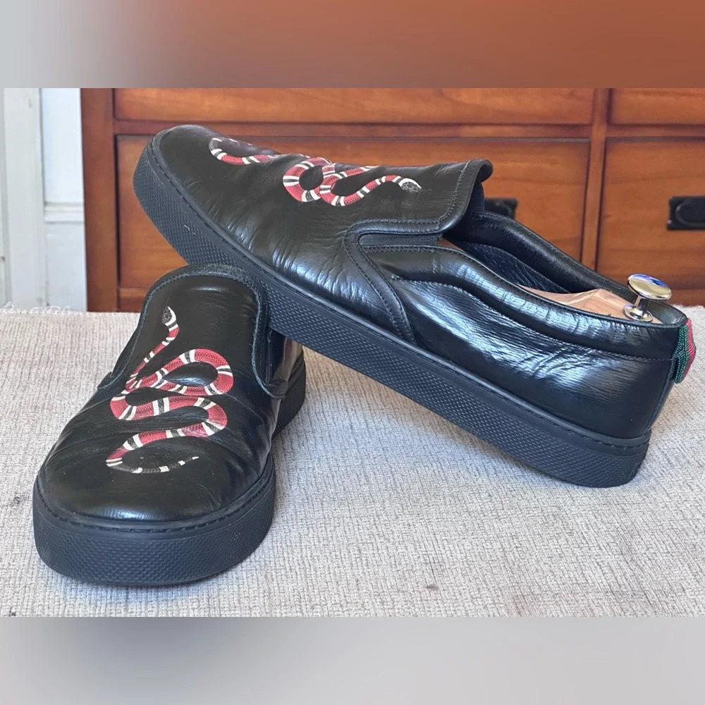 Gucci Snake Design Black Leather Men’s Slip-On Sneakers Size 12 G - Picture 5 of 13